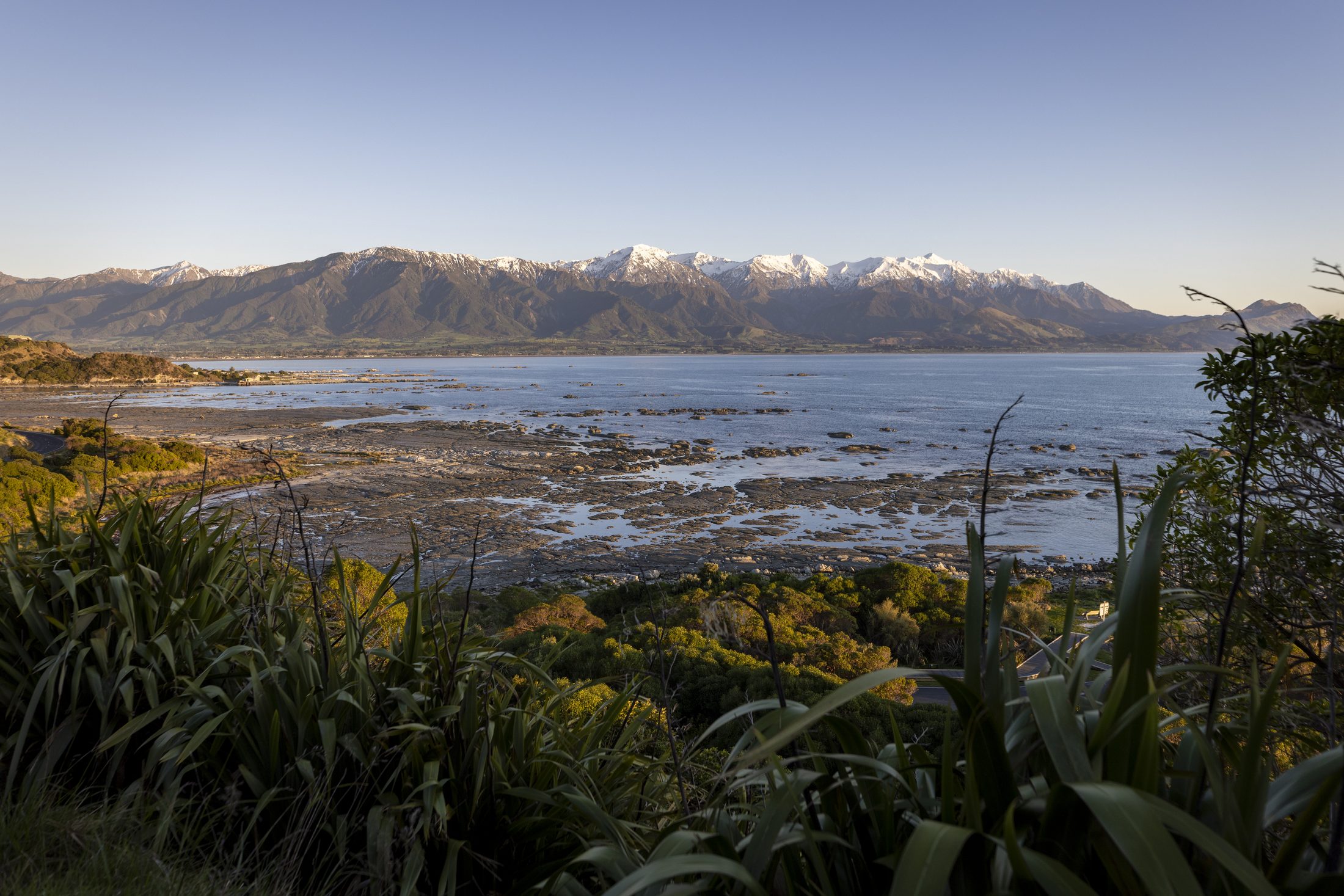 Snow-capped Kaikoura Ranges meeting the Pacific coastline, Canterbury, New Zealand