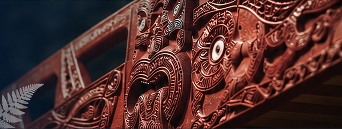 Detail of a carved Māori whakairo panel with silver fern fronds
