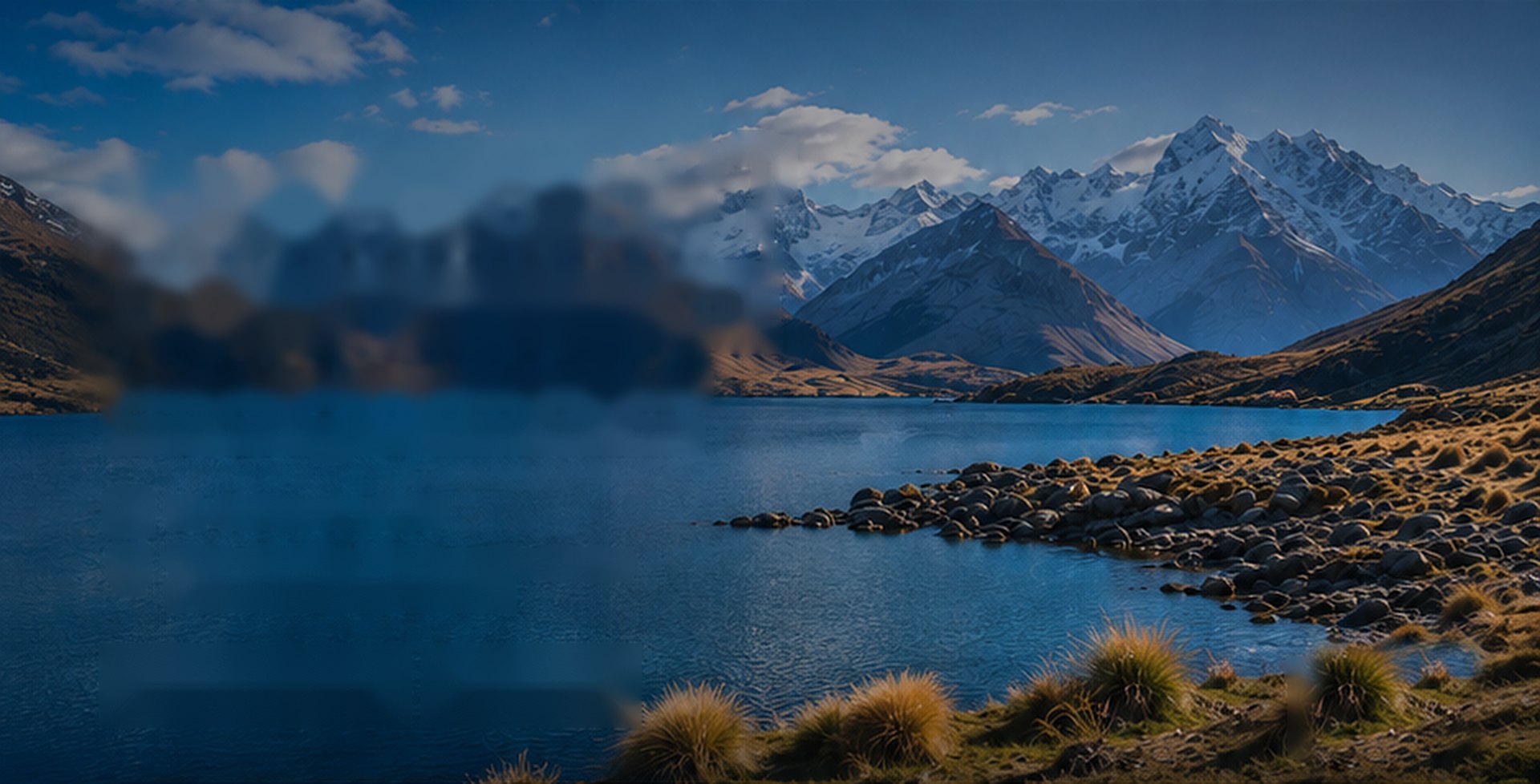 Snow-capped Southern Alps above a still alpine lake and tussock grassland, Canterbury