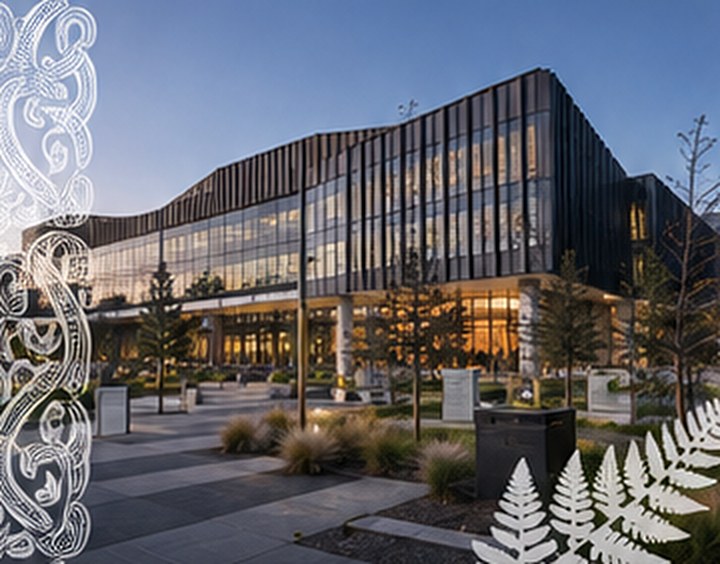 Te Pae Christchurch Convention Centre at dusk, framed by Māori carving and silver fern motifs